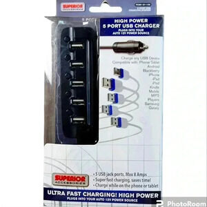 5 port USB charger 12v auto super fast charging 3 foot cord device accessory